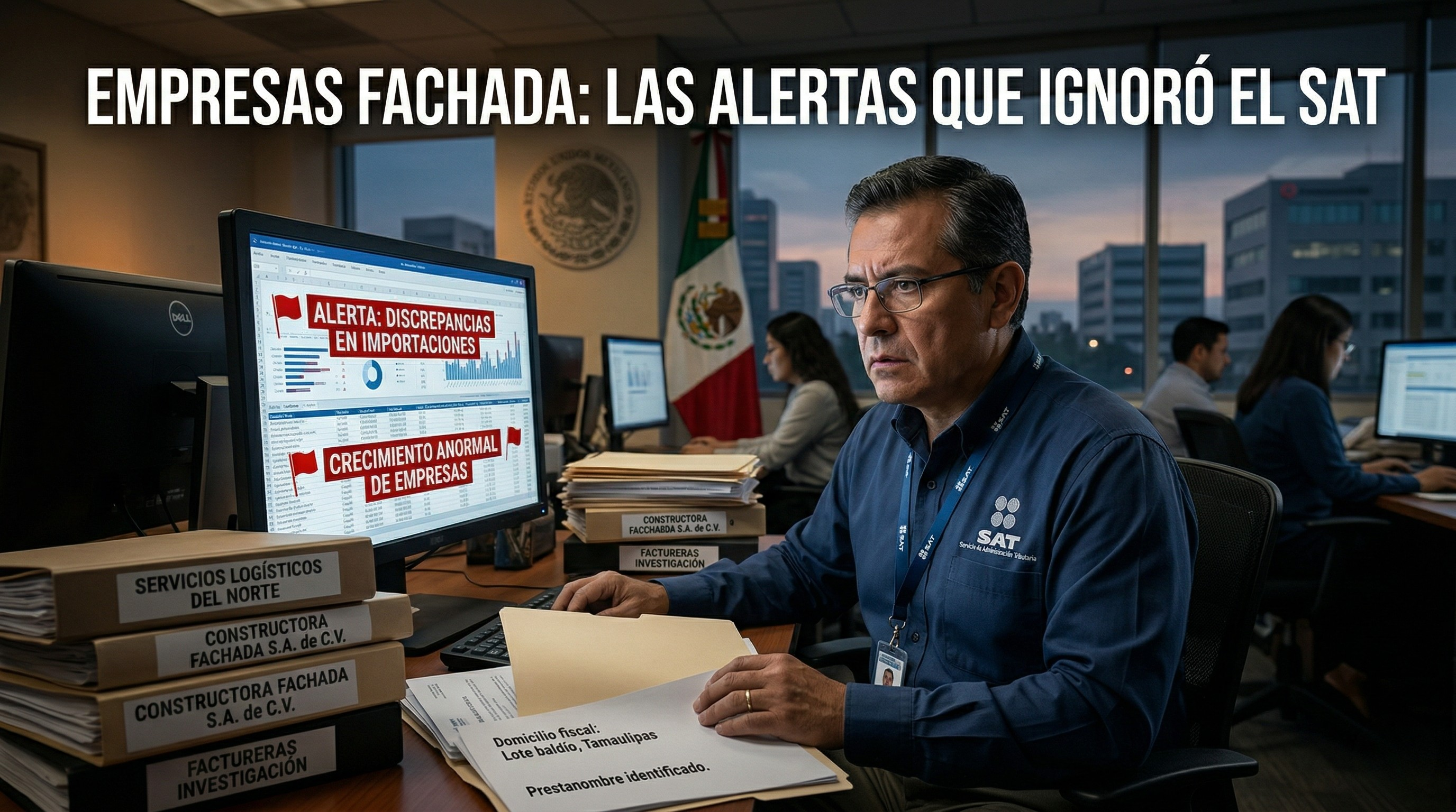 Analista del SAT ignorando alertas de empresas fachada y huachicol fiscal en su computadora, rodeado de expedientes.