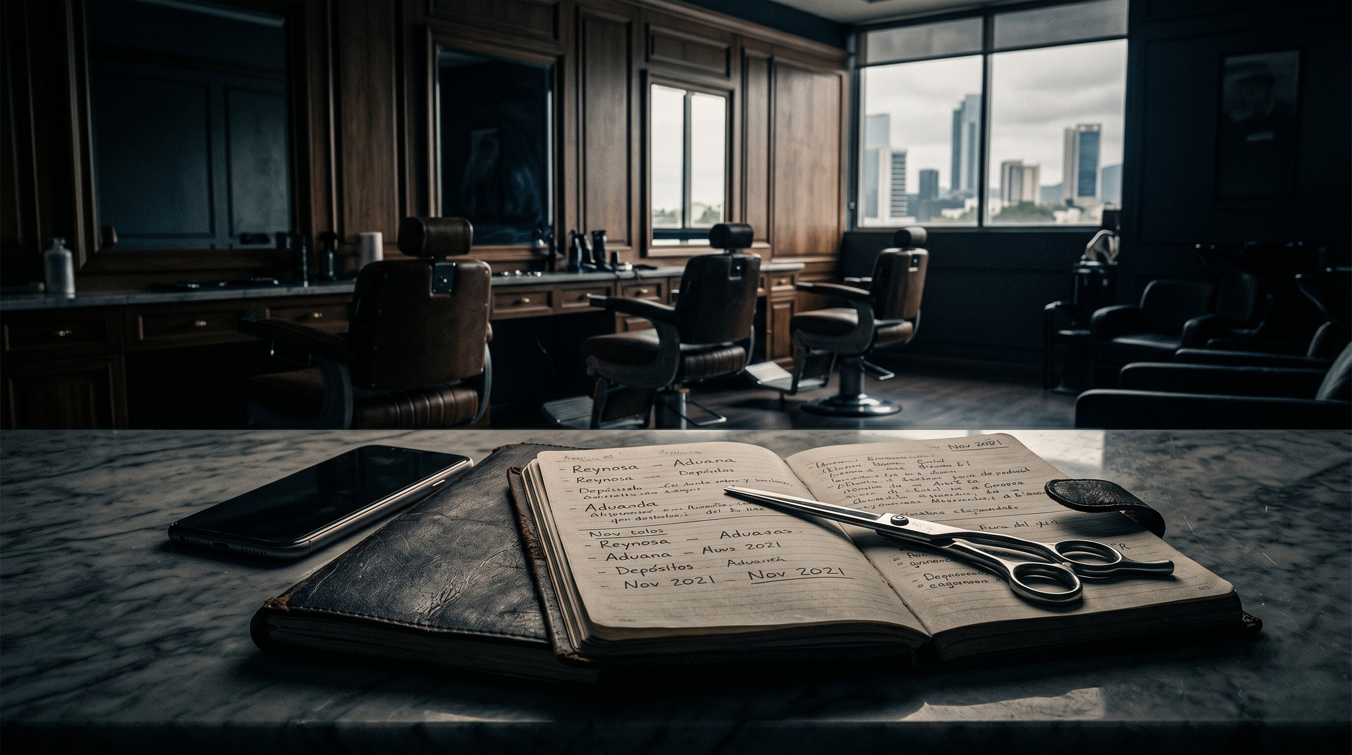 Libreta de contabilidad abierta con anotaciones de Reynosa y teléfonos celulares junto a tijeras de barbero, representando la evidencia del huachicol fiscal ignorada por la FGR.